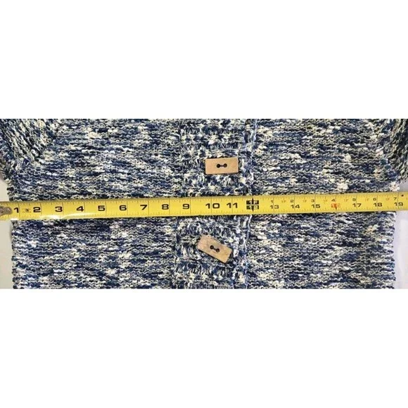 Nomadic Traders Y2K Knit Sweater M Blue Navy White Chunky Wood Buttons - Picture 7 of 10